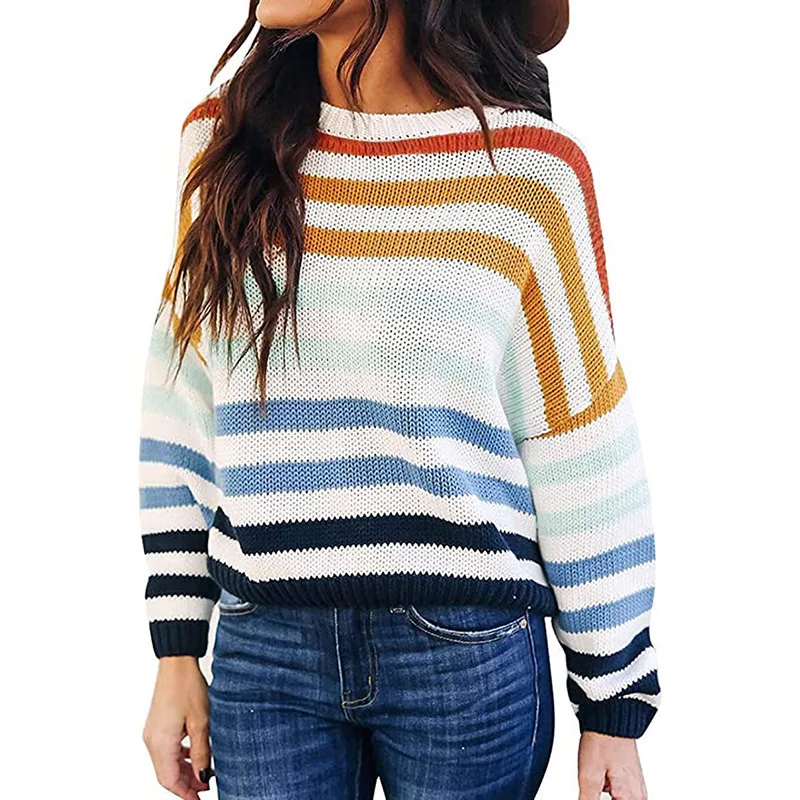 European And American Fashion Stripe Color Matching Pullover Sweater Women Navy - Shop at LoveMi