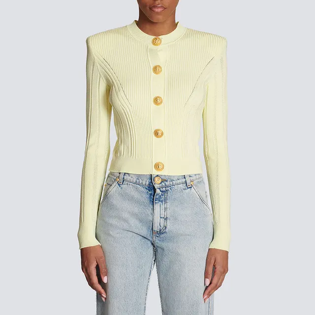 Single Breasted Gold Button Westernized Sweater Thin Coat Yellow - Shop at LoveMi