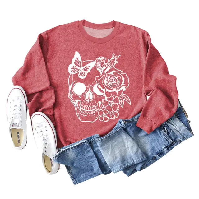 Women's Skull Butterfly Long Sleeved Sweater Red White Lettering - Shop at LoveMi