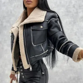 Women's Coat Zipper Motorcycle Jacket Top - Black