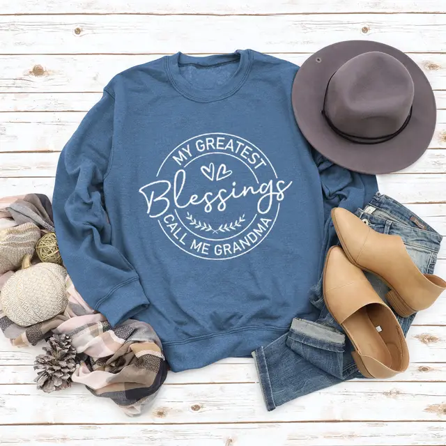 Round Neck Plus Size Women's Long Sleeve Loose Printed Sweater Blue White Font - Shop at LoveMi