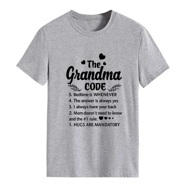 The Grandma Code Round Neck Letter Print Short Sleeves Light Grey Black Font - Shop at LoveMi