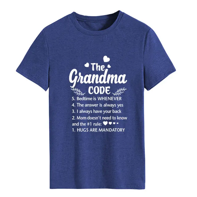 The Grandma Code Round Neck Letter Print Short Sleeves Retro Blue And White Font - Shop at LoveMi