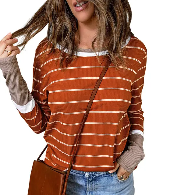 Striped Contrast Color Women's Knitted Coat European And American Autumn Crew Neck Long Sleeve Ribbed Pullover Brown - Shop at LoveMi
