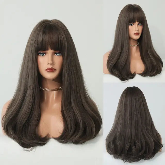 Wig Women's European And American Style Bangs Long Curly Hair Rose Net Platinum Color Pear shaped Hair Roll Wig Sheath Cold Brown 55Cm - Shop at LoveMi