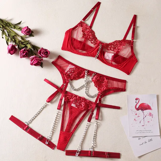 Embroidered Sexy Underwear Set With Metal Chain Red - Shop at LoveMi