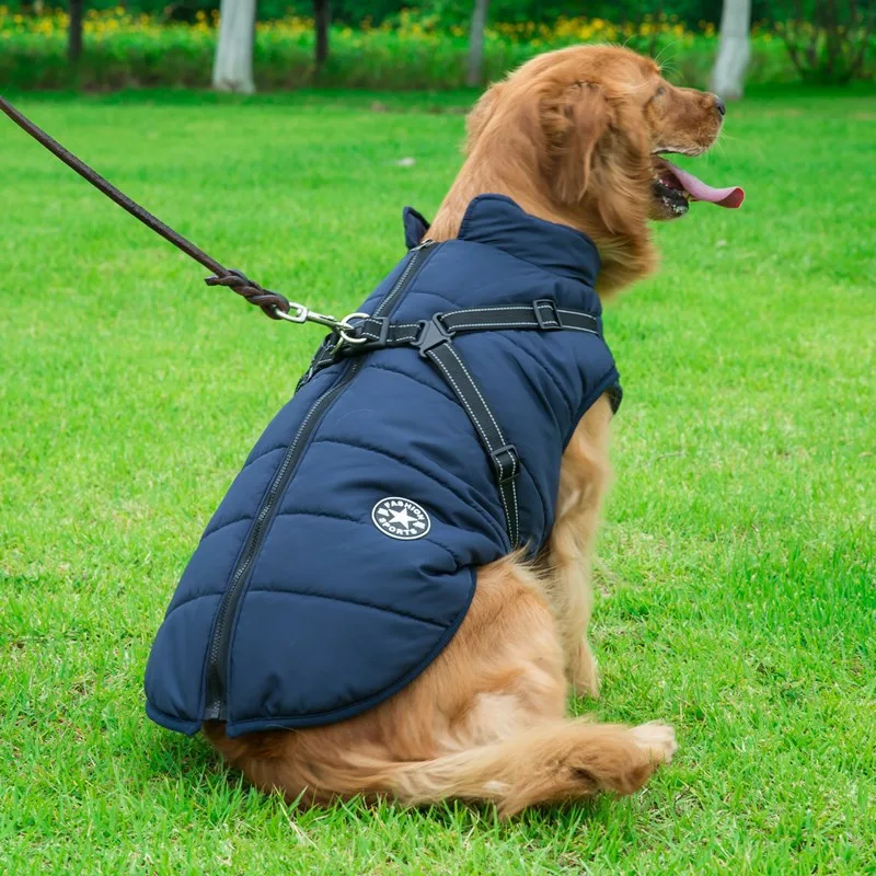Reflective Large Dog Clothes Cold-proof Warm Pet Coat Waterproof Autumn And Winter Dog Shell Coat - Dark Blue