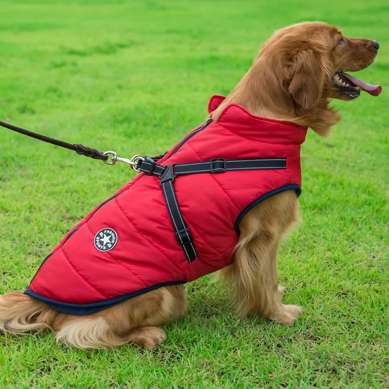 Reflective Large Dog Clothes Cold-proof Warm Pet Coat Waterproof Autumn And Winter Dog Shell Coat - Red