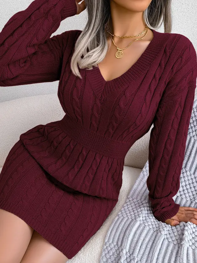 Autumn And Winter Tight Waist Twist Sheath Dress Woolen Skirt Wine Red - Shop at LoveMi