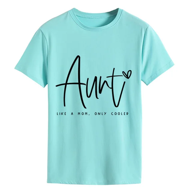 AUNT LIKE A MOM Fashion Round Neck Loose Short Sleeves Deep Water Blue Black Font - Shop at LoveMi