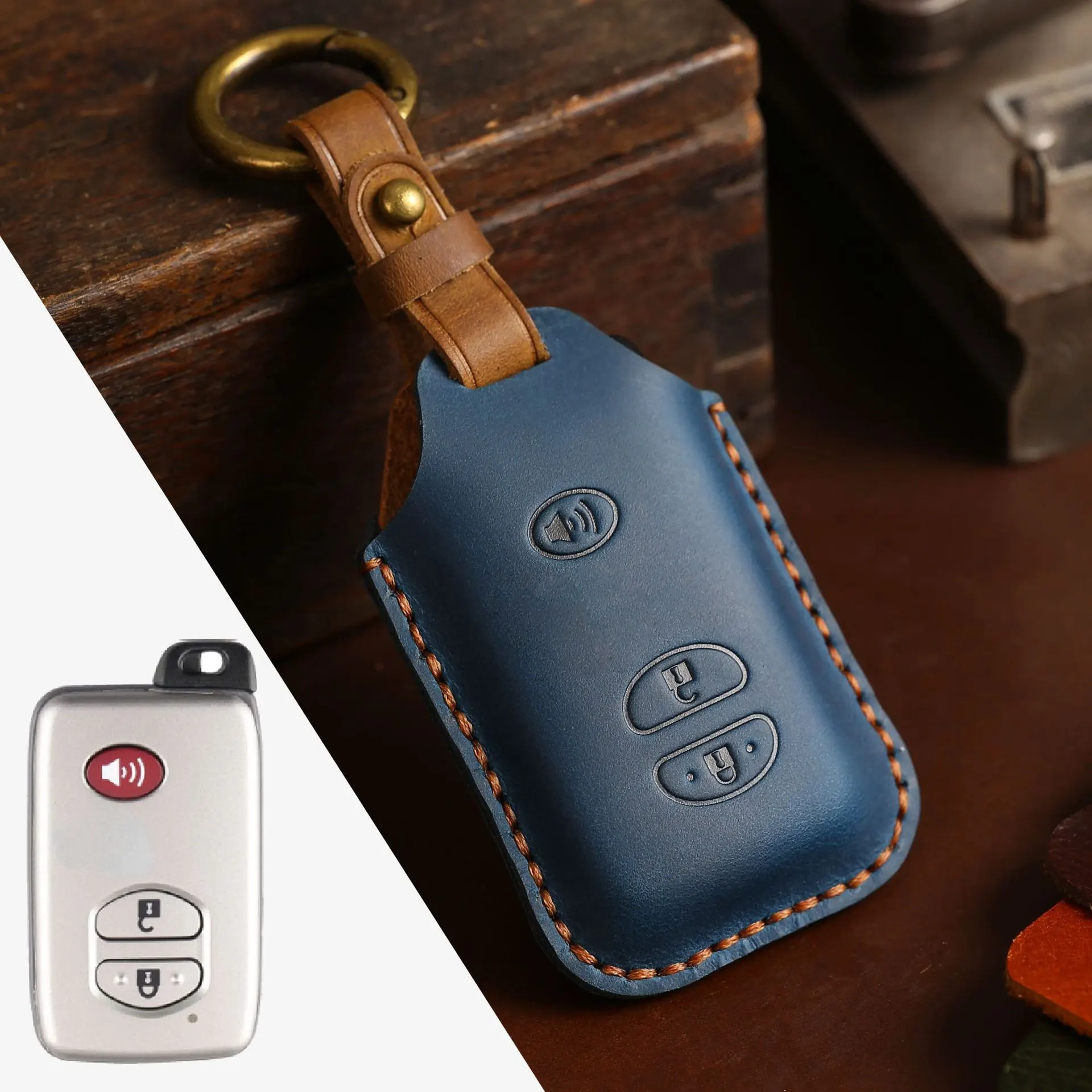 Simple Leather Car Key Case - Blue
