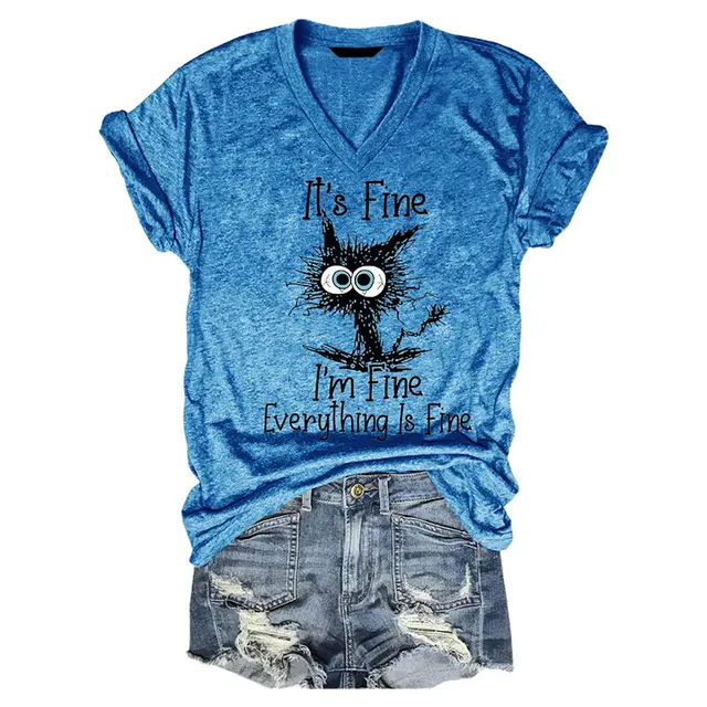 Pleated V neck Women's Black Cat Print Pullover Loose T shirt Blue - Shop at LoveMi