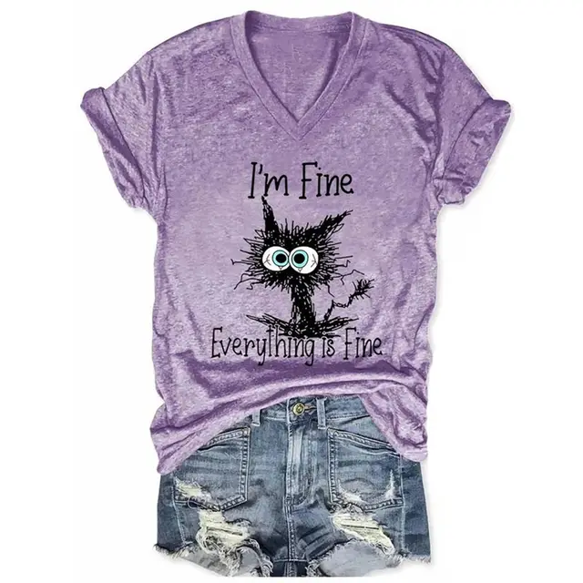 Pleated V neck Women's Black Cat Print Pullover Loose T shirt Purple - Shop at LoveMi