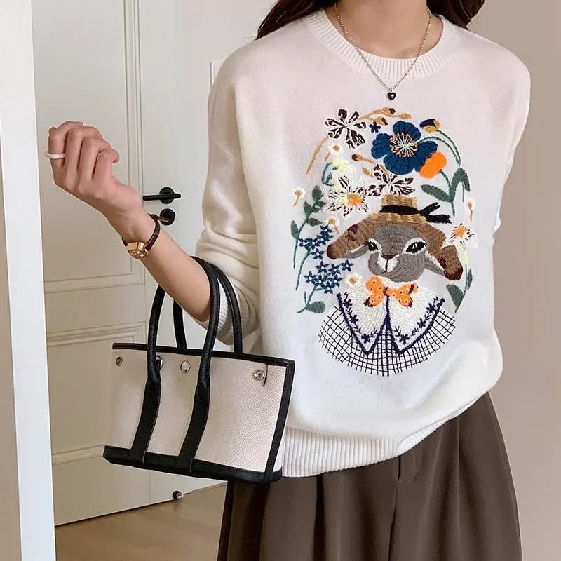 Autumn And Winter New Thick Loose Color Blocking Sweater - White - View 1