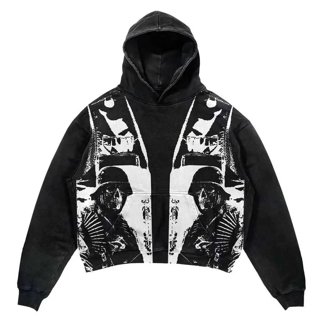 Gothic Patchwork Print High Street Loose Pullover Hoodie Sweatshirt - Black
