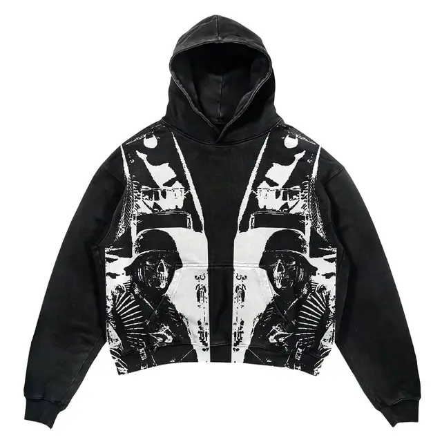 Gothic Patchwork Print High Street Loose Pullover Hoodie Sweatshirt Black - Shop at LoveMi