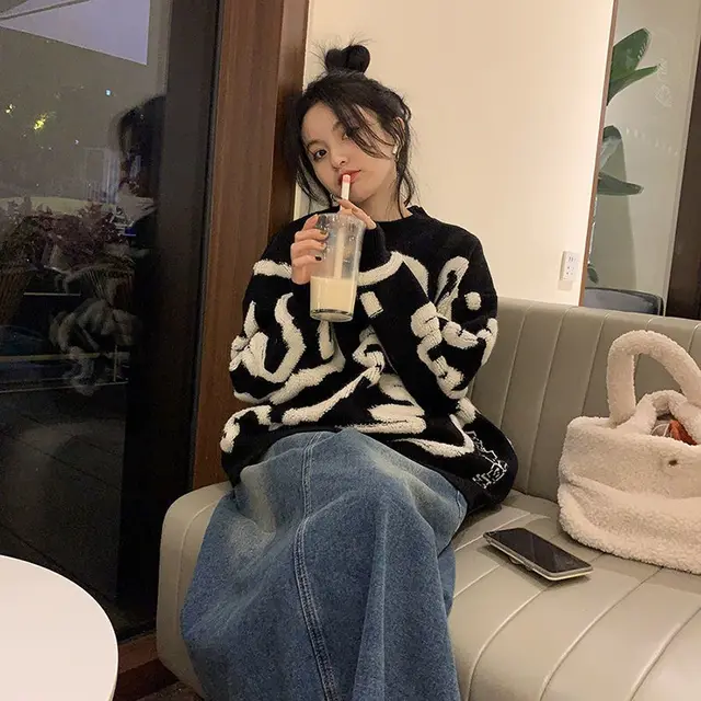 Women's Thickened Cartoon Pullover Sweater Black - Shop at LoveMi