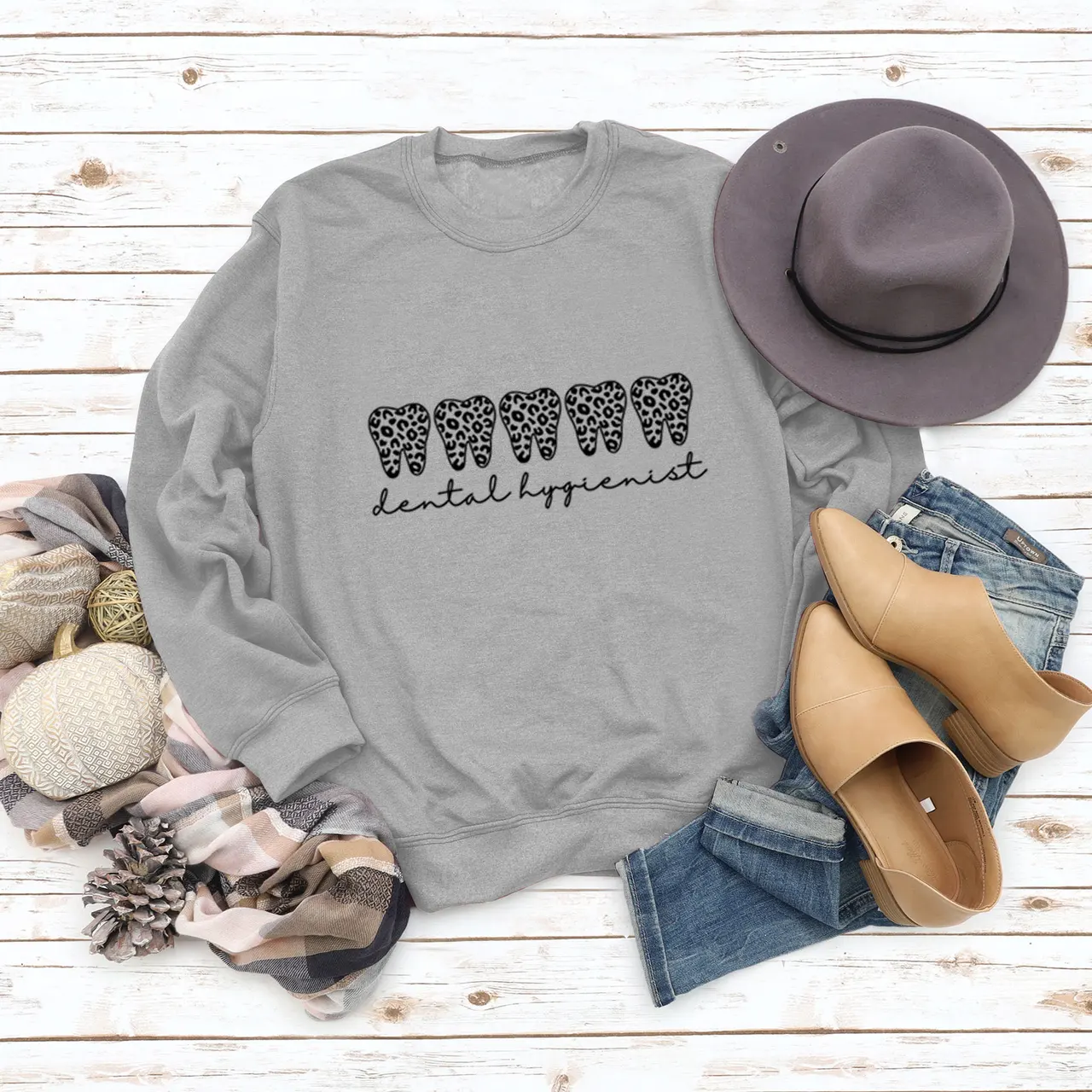 Leopard Print Long Sleeve Crew Neck Sweater - Grey