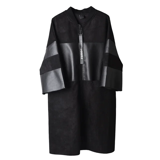 Dark PU Leather Trench Coat For Women Plump Girls Large Size Three Quarter Sleeve Mid length Leather Coat Black - Shop at LoveMi