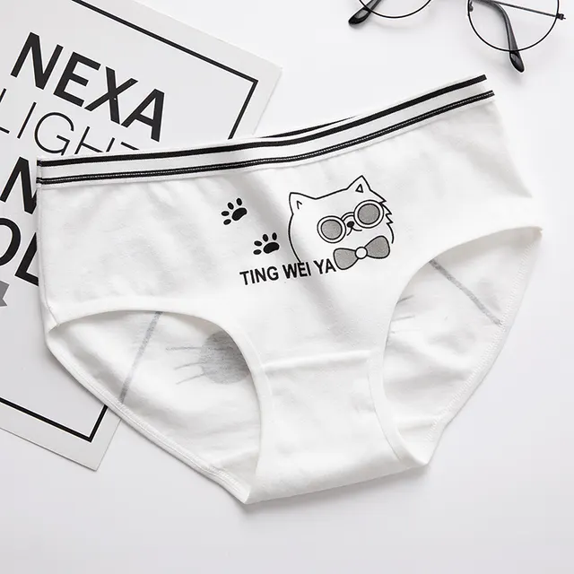Simple Black And White Cute Cartoon Underwear Ladies Mid Waist Sheath Breathable Underwear For Women Cotton Crotch White Glasses Cat - Shop at LoveMi