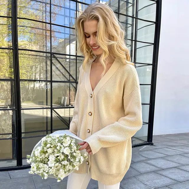 Large Size Casual Solid Color Cardigan Ladies In Autumn And Winter Khaki - Shop at LoveMi