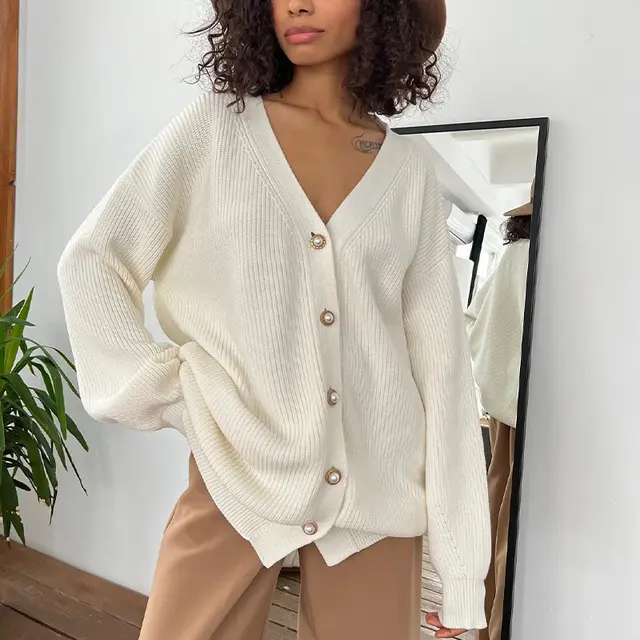 Large Size Casual Solid Color Cardigan Ladies In Autumn And Winter White - Shop at LoveMi