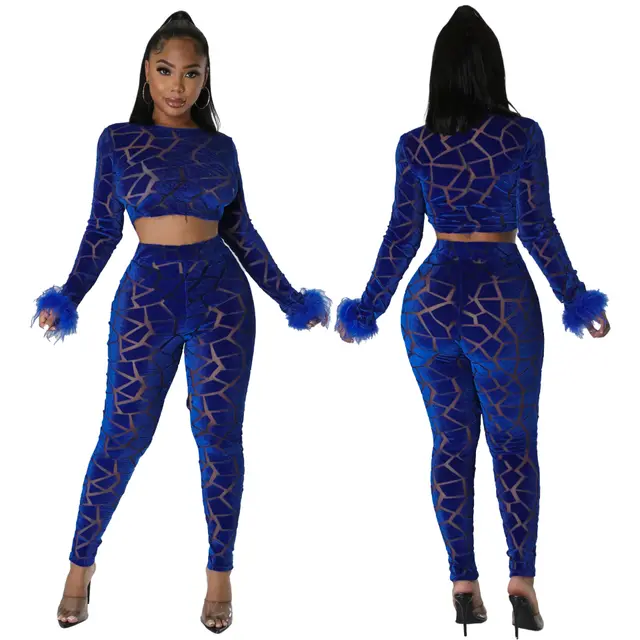 Women's Fur Sleeve Flocking Fashion Casual Set Blue - Shop at LoveMi