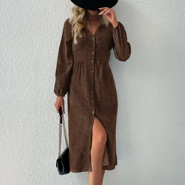 Long Sleeve Leopard V Neck Cardigan Dress Coffee Brown - Shop at LoveMi