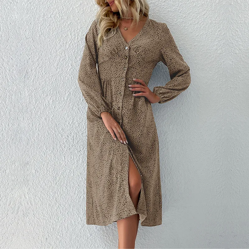 Long Sleeve Leopard V Neck Cardigan Dress Khaki - Shop at LoveMi
