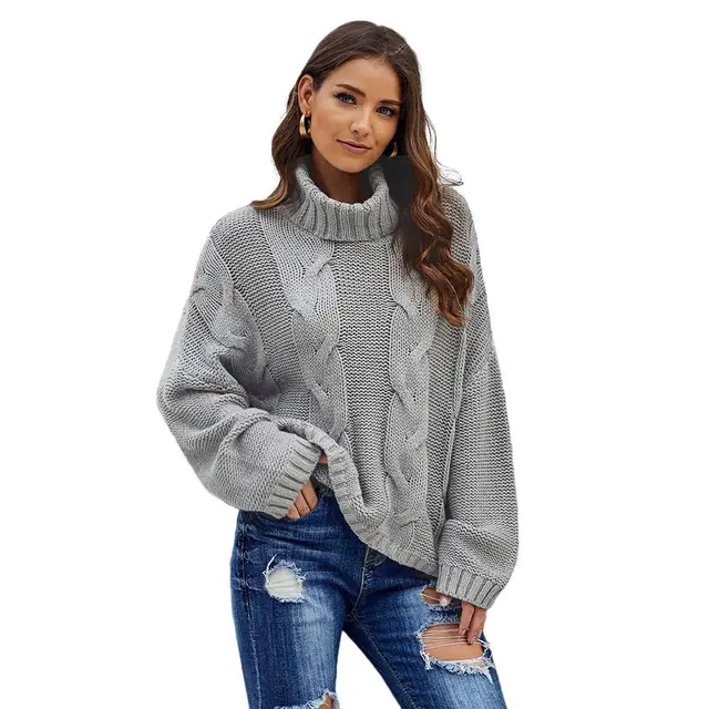 Autumn Winter Solid Color Long Sleeve Knitted High Neck Cotton Top For Women Grey - Shop at LoveMi