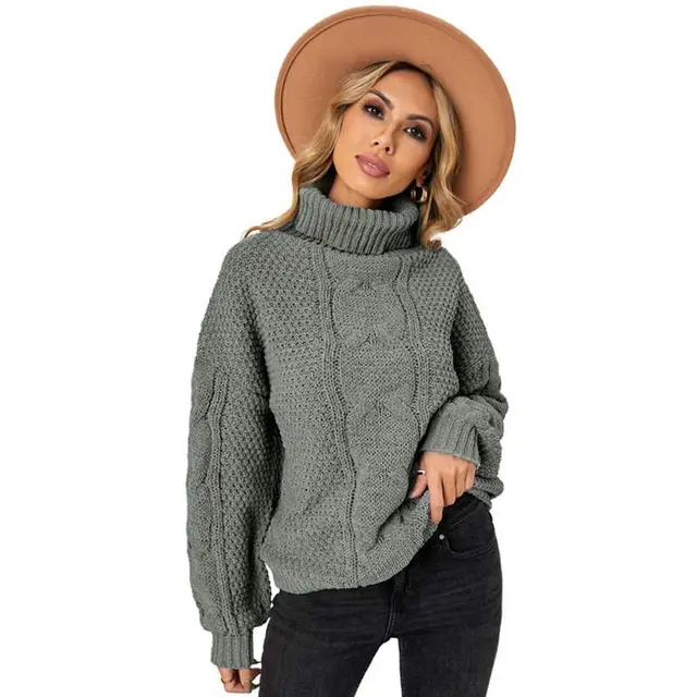 Autumn Winter Solid Color Long Sleeve Knitted High Neck Cotton Top For Women Grey2 - Shop at LoveMi