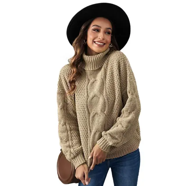 Autumn Winter Solid Color Long Sleeve Knitted High Neck Cotton Top For Women Khaki - Shop at LoveMi