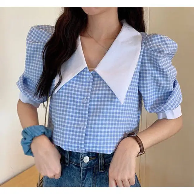Puff Sleeve Plaid Shirt For Women Design Summer New French Style Retro Style Versatile Short Top Women Blue - Shop at LoveMi