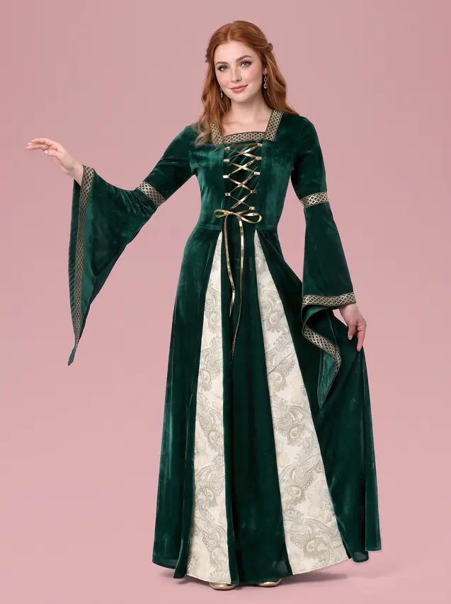 Medieval Costume Gown with Bell Sleeves for Women Green - Shop at LoveMi