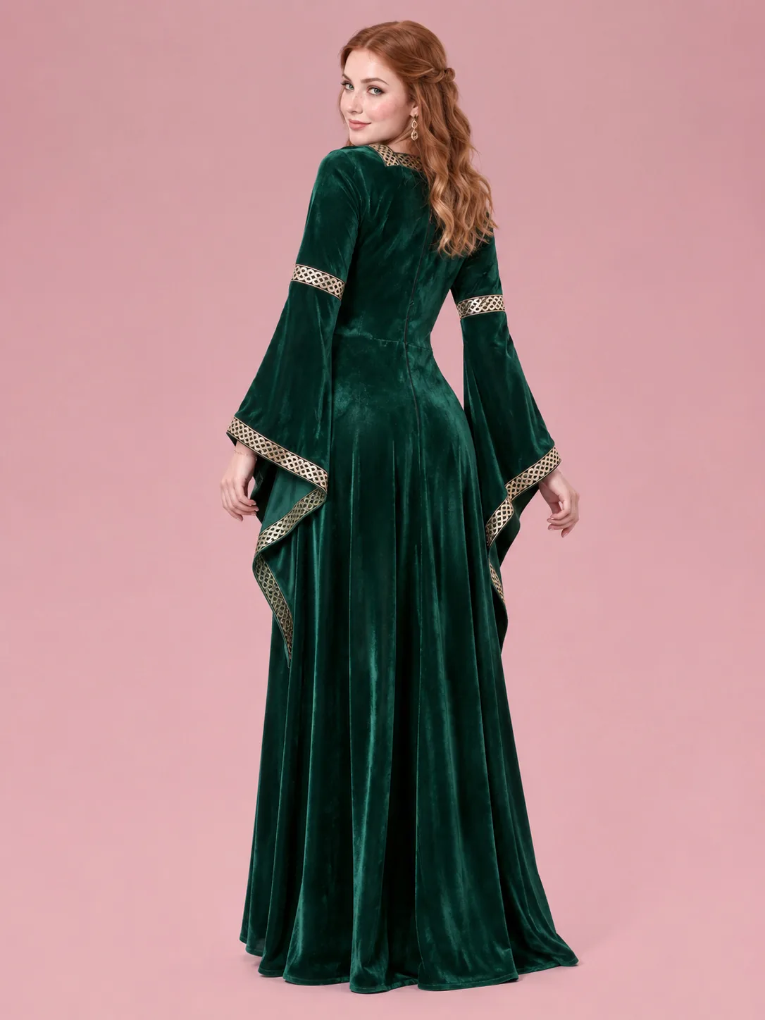 Medieval Costume Gown with Bell Sleeves for Women - Green - View 2