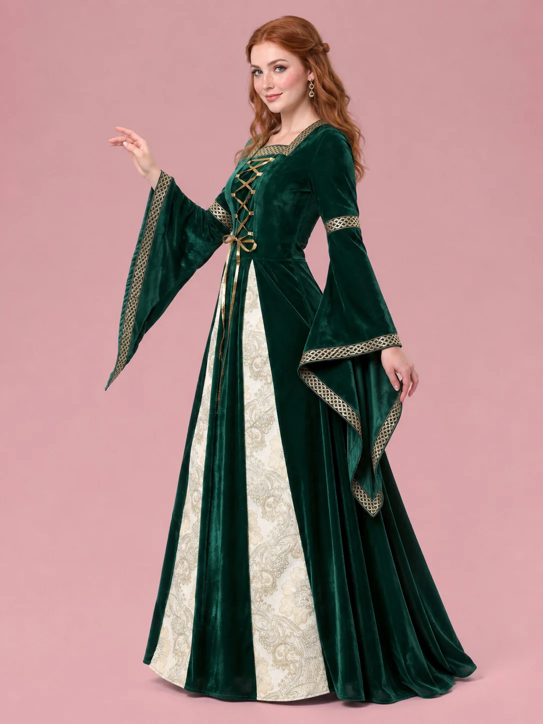 Medieval Costume Gown with Bell Sleeves for Women - Green - View 3