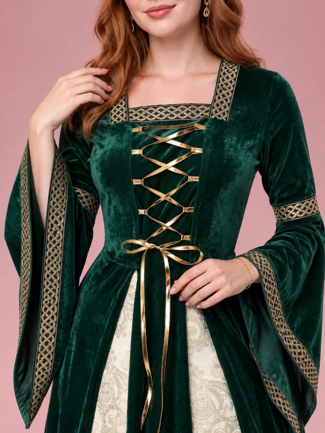 Medieval Costume Gown with Bell Sleeves for Women - Green - View 4