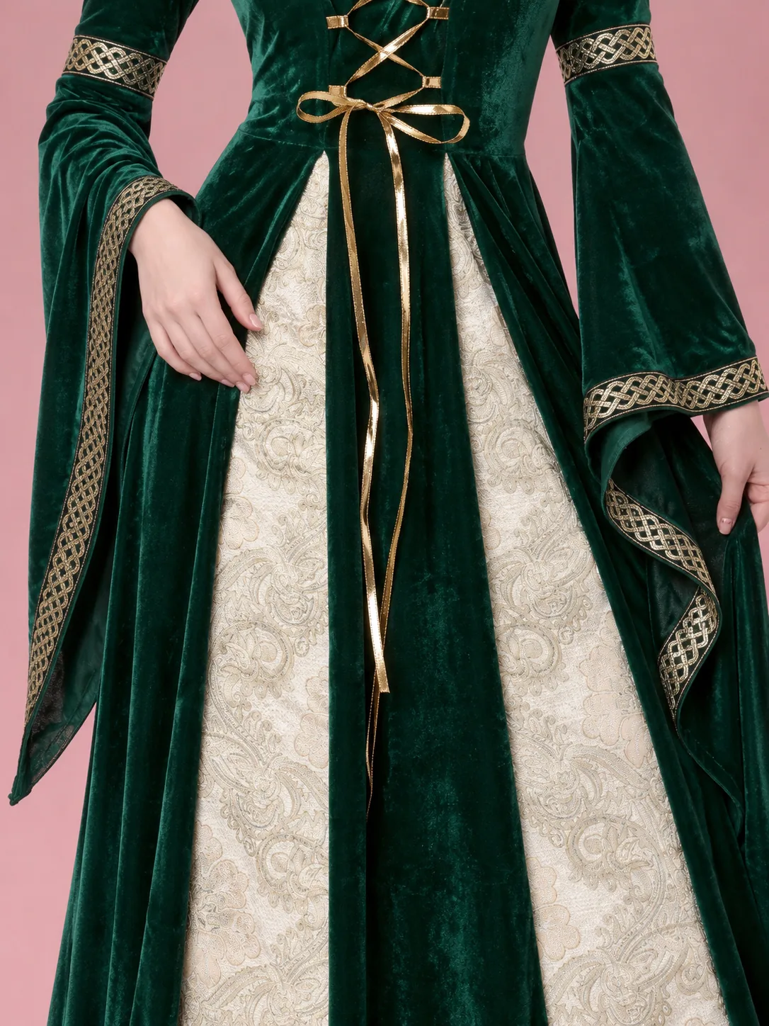 Medieval Costume Gown with Bell Sleeves for Women - Green - View 5