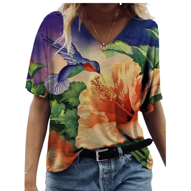 Butterfly Print Short Sleeve V neck Ladies Loose A5 - Shop at LoveMi