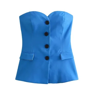 Fold-top Underwear-decorated Vest With Split Straight Leg - Blue Jacket