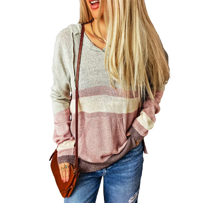 Autumn Leisure V-neck Hooded Sweater For Women - Multicolor