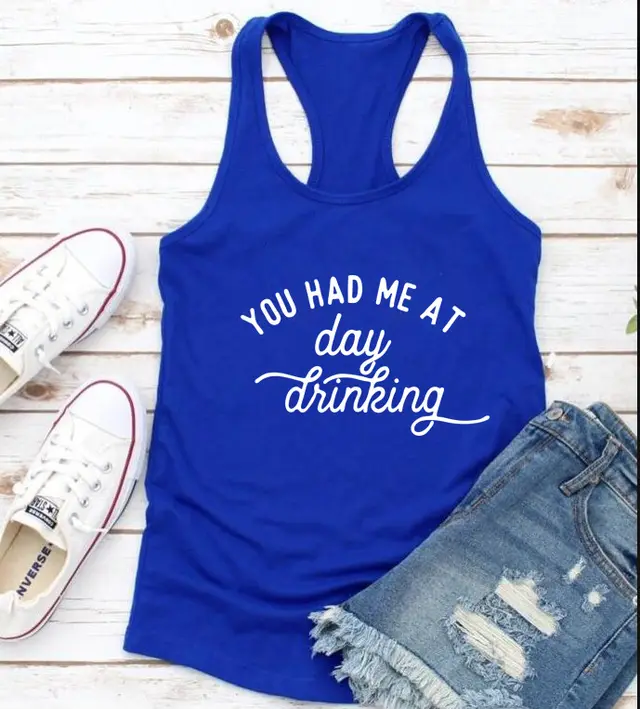 Summer YOU HAD ME AT Day Drinking Letter I shaped Vest Blue White - Shop at LoveMi