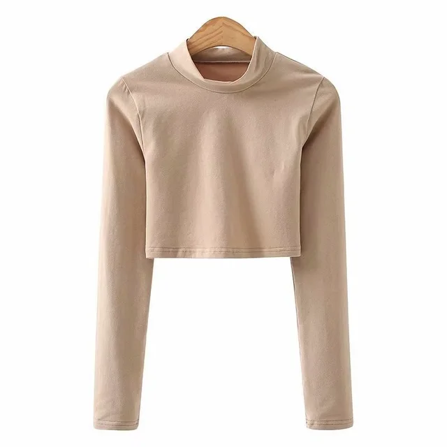 Collar Long Sleeve Short Slim Navel T shirt Khaki - Shop at LoveMi