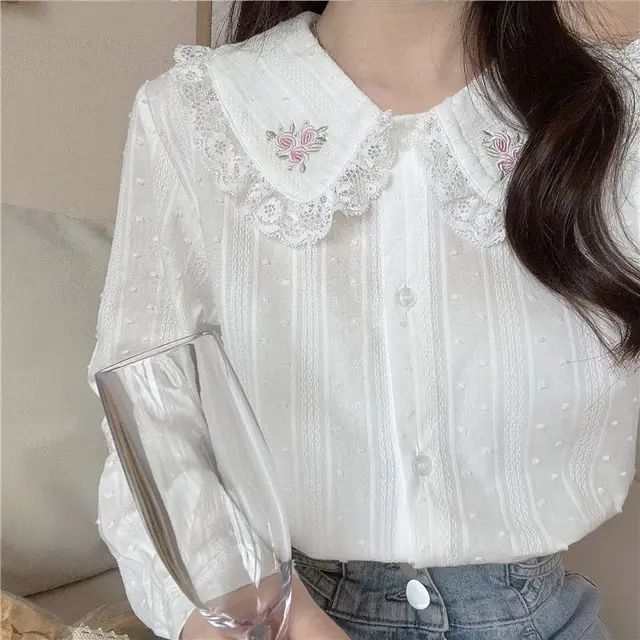 Autumn New Embroidered Lace Doll Collar Long sleeved Tops White - Shop at LoveMi
