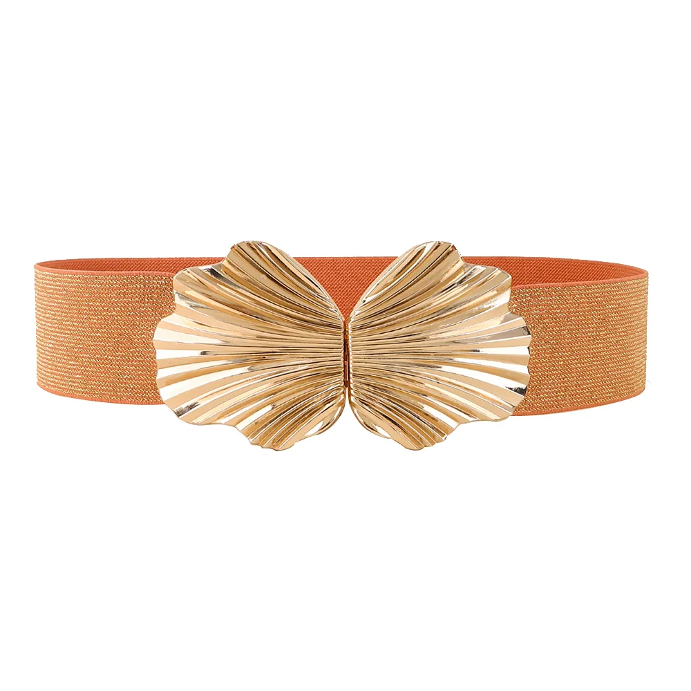 New Elasticated Belt With Pearlescent Fine Shine Elastic Metal Shell Buttonhead Fashion Street Photo Waist Accessories - Pearlescent Orange