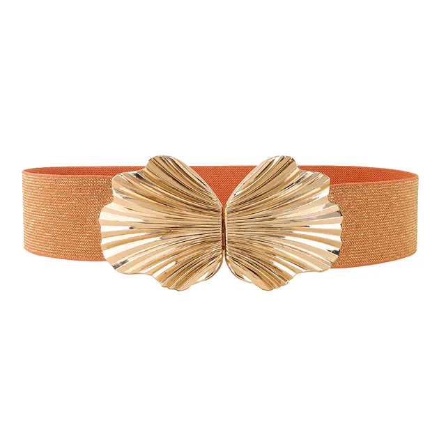 New Elasticated Belt With Pearlescent Fine Shine Elastic Metal Shell Buttonhead Fashion Street Photo Waist Accessories Pearlescent Orange - Shop at LoveMi