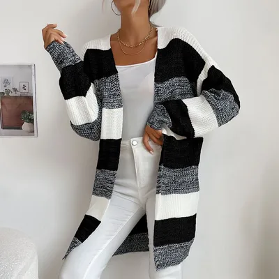 Women's Graceful And Fashionable Button free Colorblock Sweater Coat White - Shop at LoveMi
