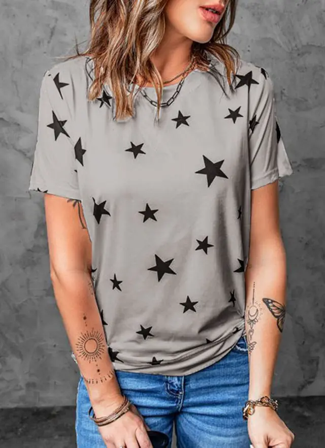 Women's Fashion Round Neck Short Sleeves Printed T shirt Top Gray - Shop at LoveMi