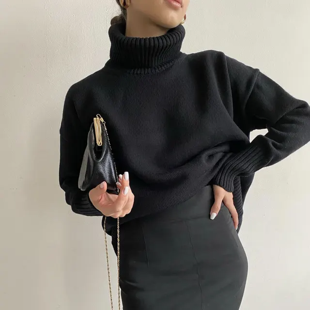 Women's Loose Casual Solid Color Turtleneck Sweater Black - Shop at LoveMi