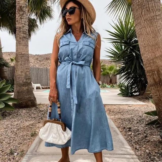 Sleeveless long lace up single breasted denim dress Light Blue - Shop at LoveMi